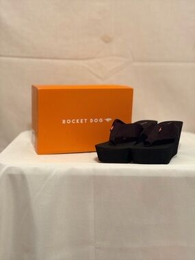 Rocket Dog Black Platform Wedge Flip-Flops with Subtle Pink Accent